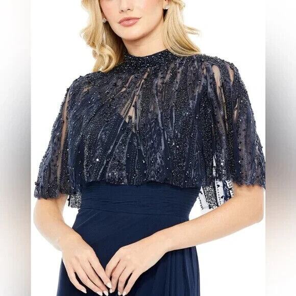 Mac Duggal Sleeveless Gown with Embellished Cape Sz 14 Navy Blue 20467 $598 - Picture 2 of 6